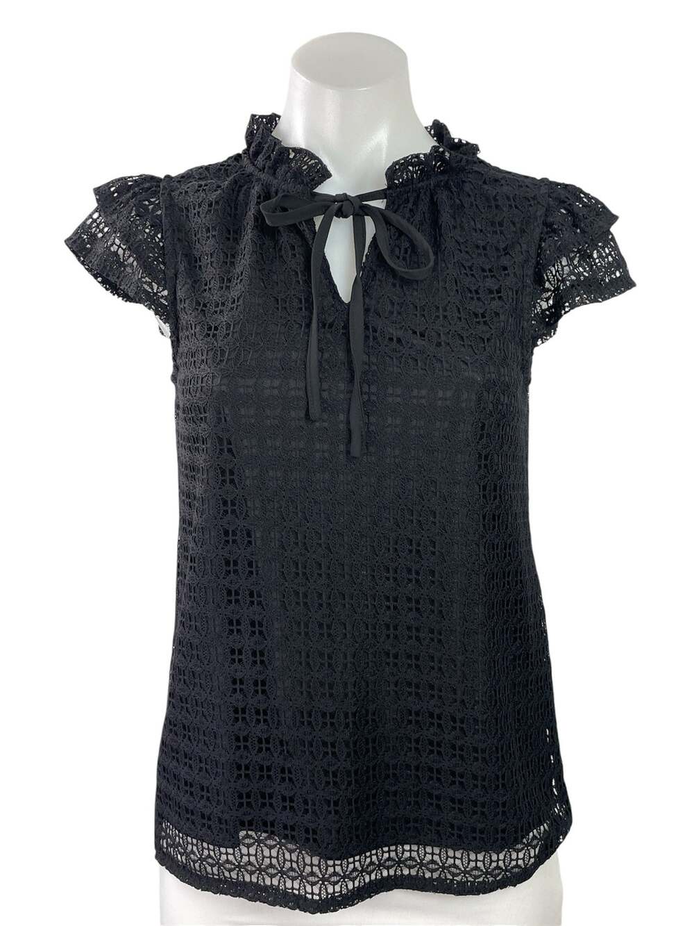 T Tahari Women's Black Lace Flutter Sleeve Ruffle Tie Neck Blouse Top Size XS